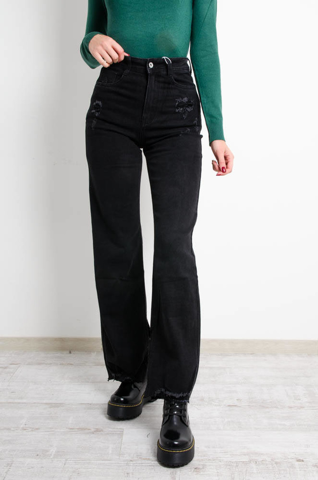 CZARNE SPODNIE JEANSOWE STRAIGHT JEANS Z ROZCIĘCIAMI