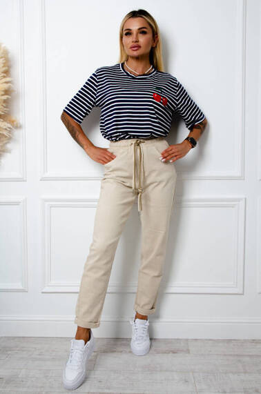 SPODNIE JEANSOWE MOM FIT Z GUMĄ I SZNURKAMI W PASIE- BEŻOWE