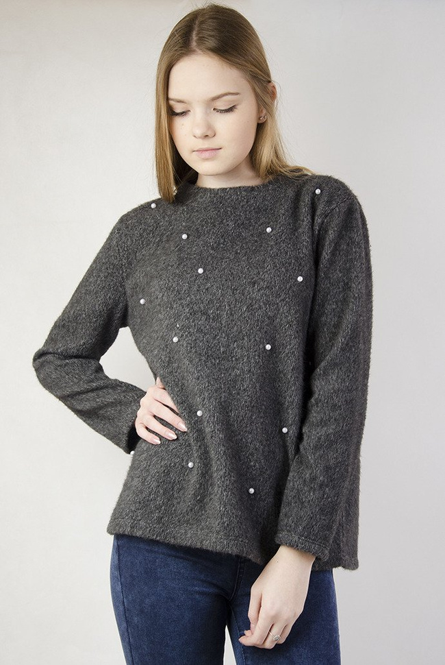 Ciemnoszary sweterek z perełkami z przodu