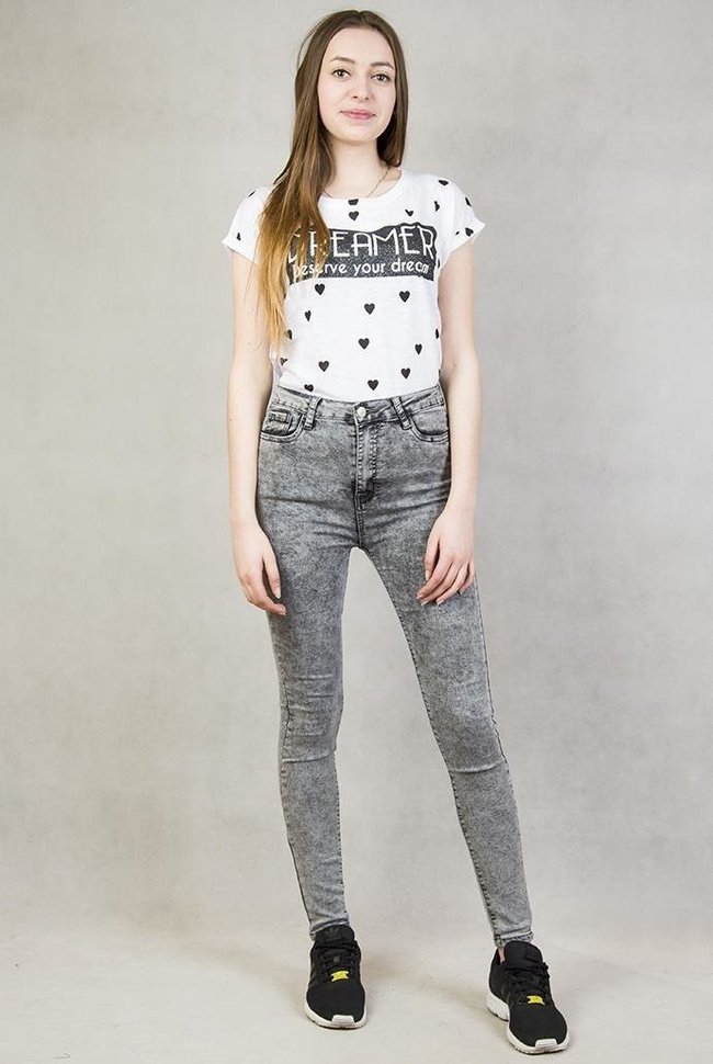 Szare spodnie marmurkowe z wysoki stanem