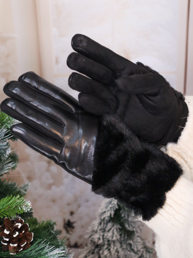 RĘKAWICZKI OCIEPLANE Z EKOSKÓRY I ZAMSZU Z FUTERKIEM- CZARNE