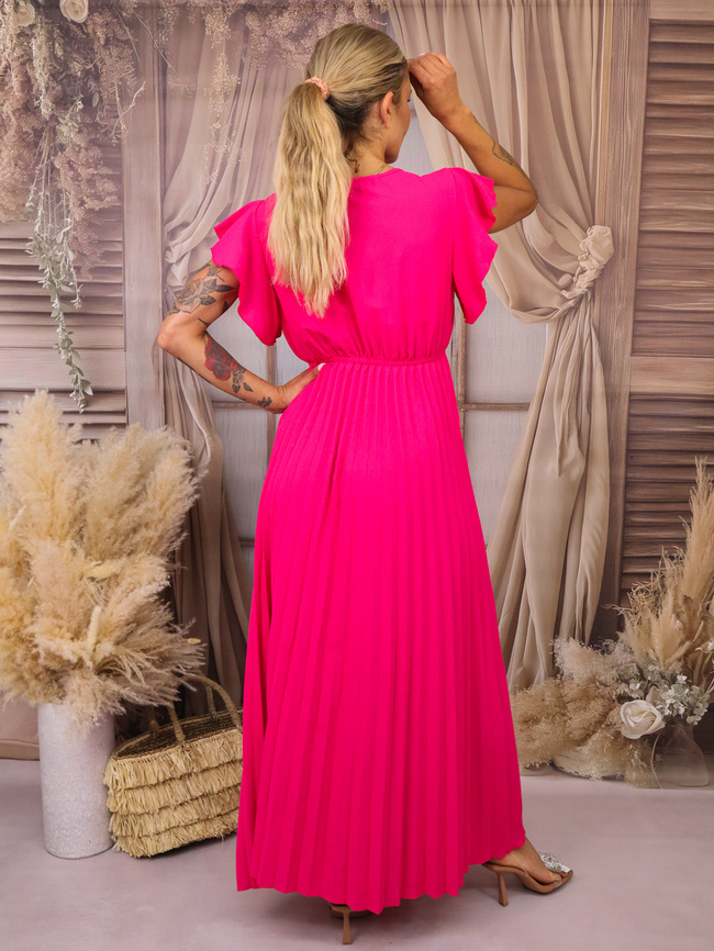 SUKIENKA MAXI PLISOWANA Z FALBANAMI PRZY RĘKAWACH- FUKSJA