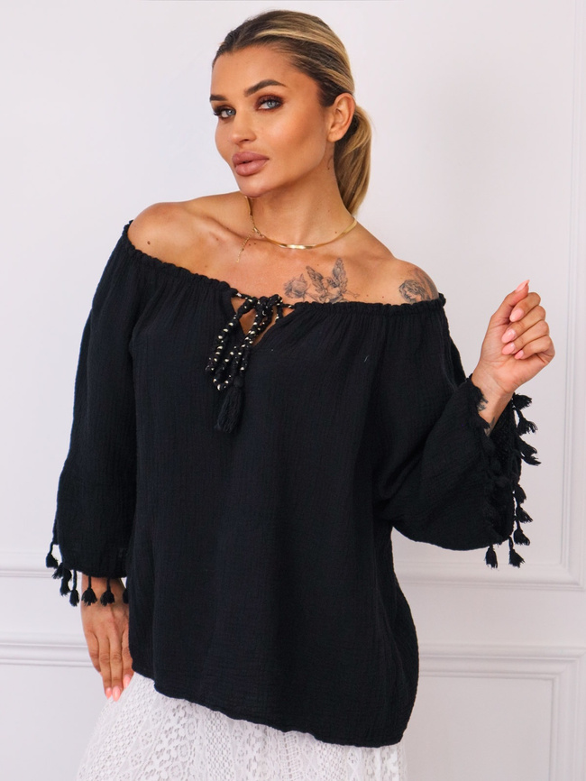 BLUZKA Z WIĄZANIEM I FRĘDZLAMI PRZY RĘKAWACH- CZARNA