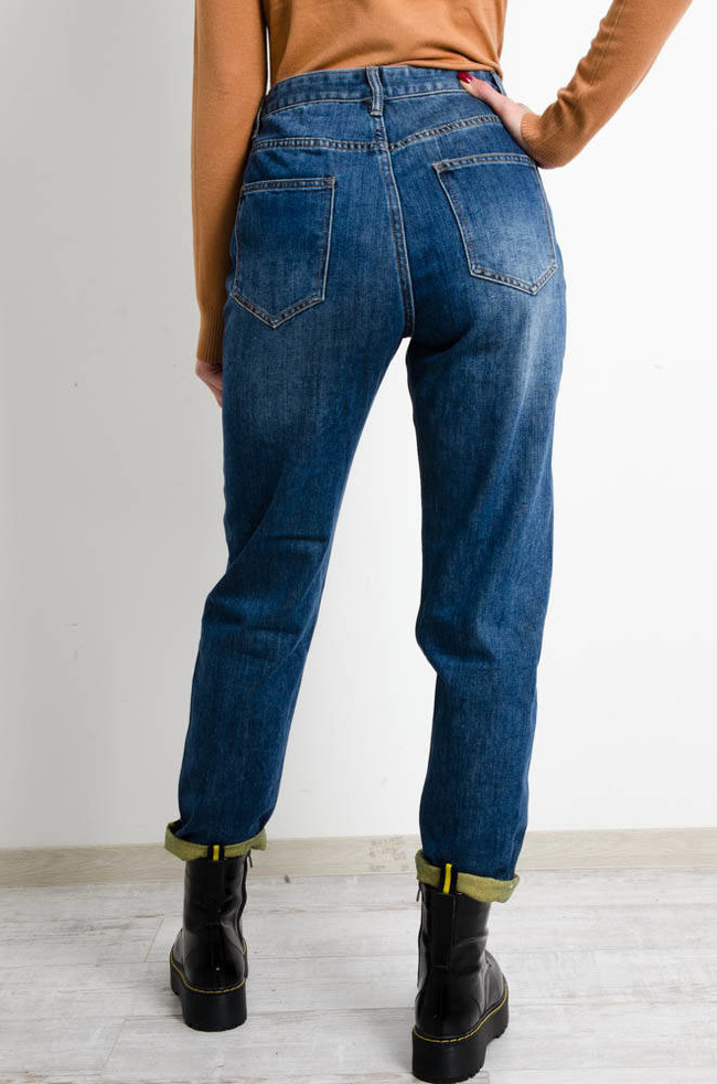 CIEMNE JEANSY MOM FIT Z ZÓŁTYMI PRZETARCIAMI