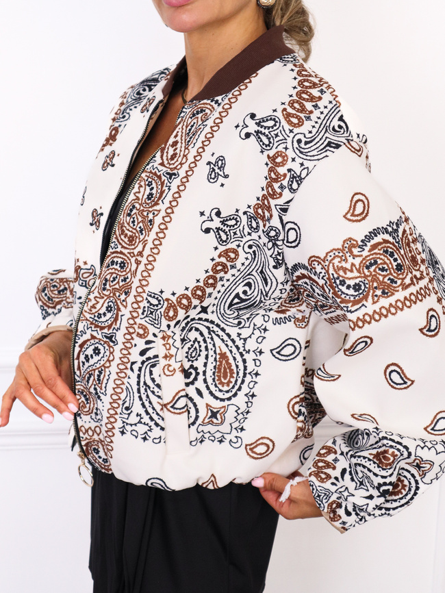 KURTKA BOMBERKA MATERIAŁOWA WE WZORY- BIAŁA