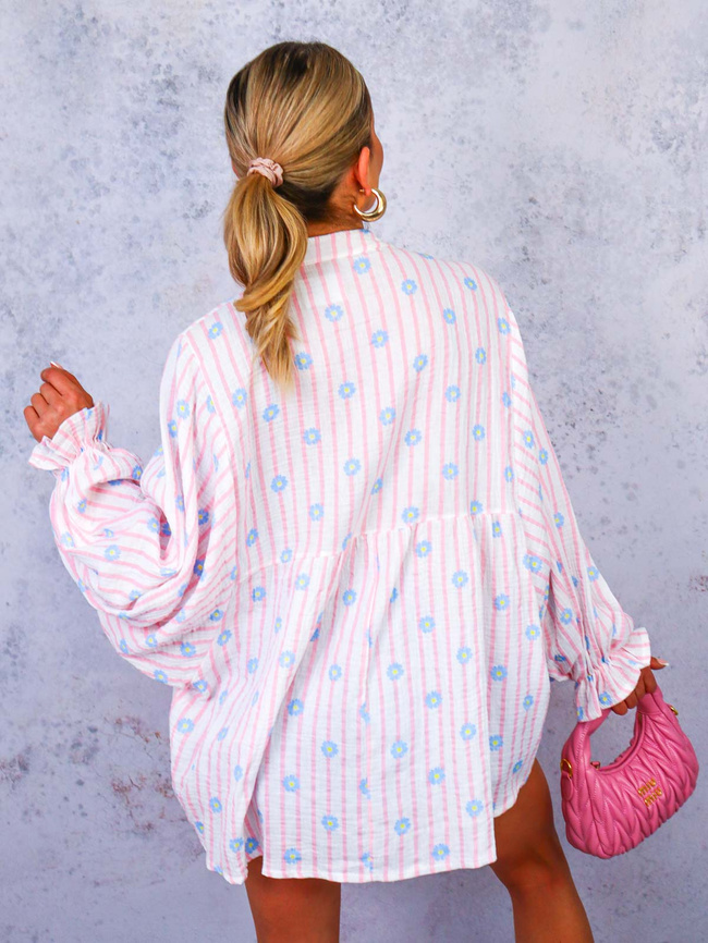 BLUZKA KOSZULOWA OVERSIZE W PASKI I KWIATY- RÓŻOWA