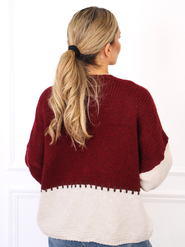 SWETER KARDIGAN Z ŁĄCZONYCH KOLORÓW Z DOMIESZKĄ WEŁNY- BRĄZOWY