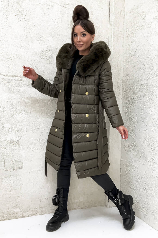 PIKOWANY PŁASZCZ ZE ZŁOTYMI GUZIKAMI I PASKIEM- CIEMNA ZIELEŃ