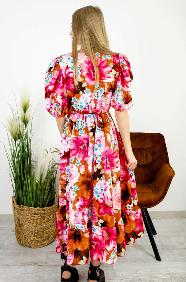 DŁUGA KOLOROWA SUKIENKA  Z BUFIASTYMI RĘKAWAMI