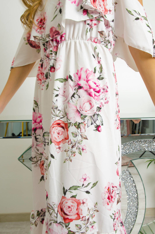 DŁUGA BIAŁA SUKIENKA W KWIATY NA CIENKICH RAMIĄCZKACH MAXI
