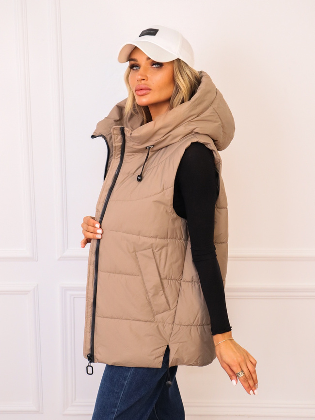 ASYMETRYCZNA KAMIZELKA Z KAPTUREM I ŚCIAGACZEM NA DOLE- CAPPUCCINO