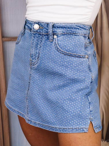 SPÓDNICO-SPODENKI JEANSOWE ZDOBIONE CYRKONIAMI