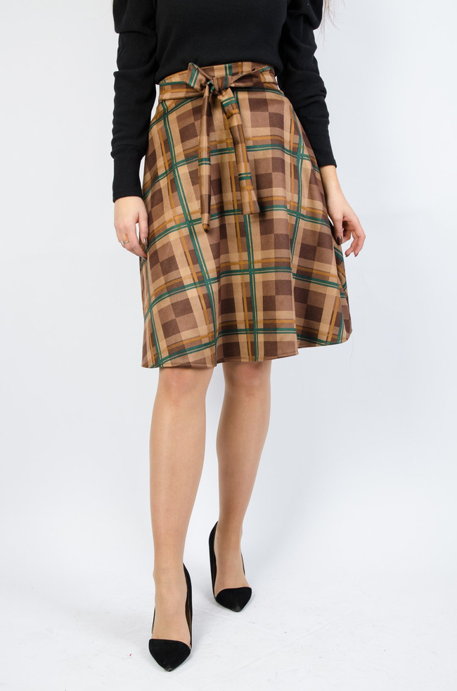 Spódnica midi w brązową kratę z wiązaniem w pasie