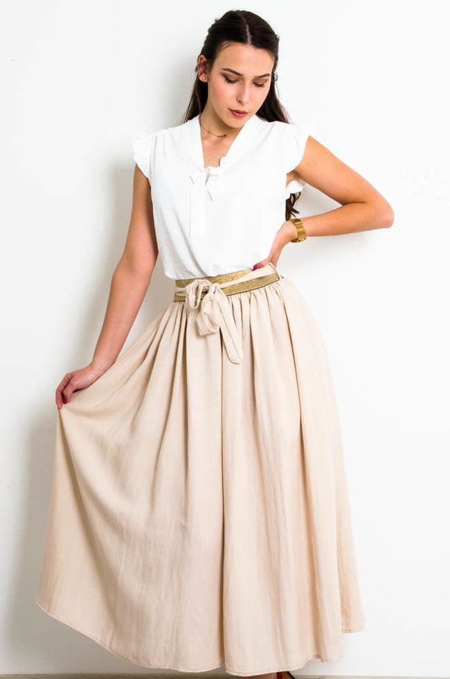 BEŻOWA SPÓDNICA MAXI Z WIĄZANIEM-ZŁOTA GUMA W PASIE