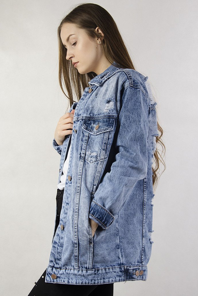 Kurtka jeansowa dłuższa z przetarciami