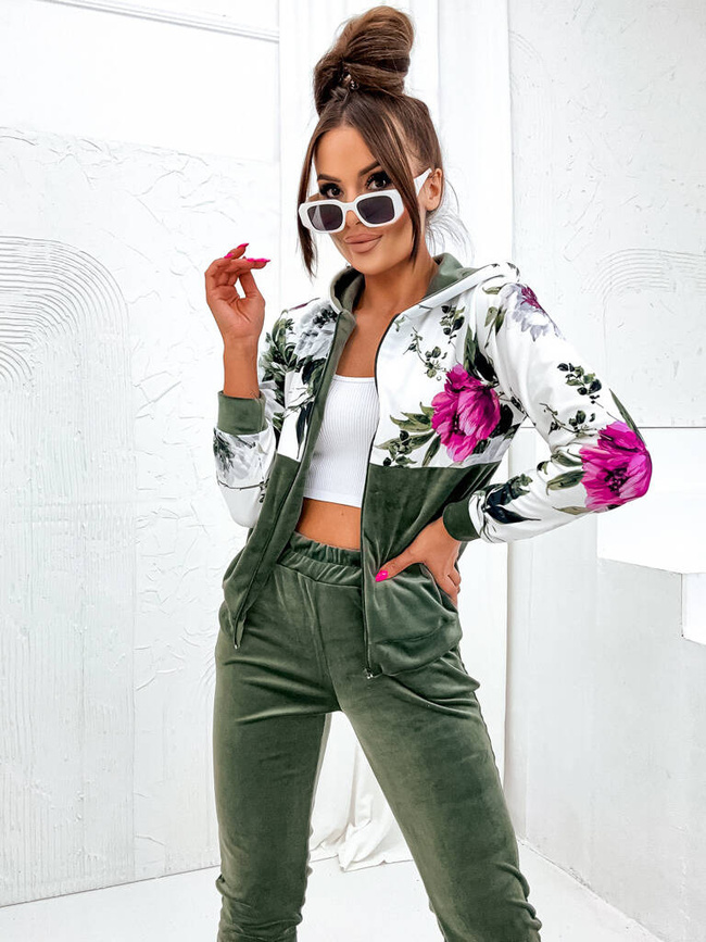 KOMPLET DRESOWY SPODNIE+ BLUZA ZAPINANA NA ZAMEK W KWIATY- KHAKI