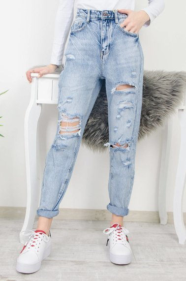 SPODNIE JEANSOWE MOM FIT Z DZIURAMI