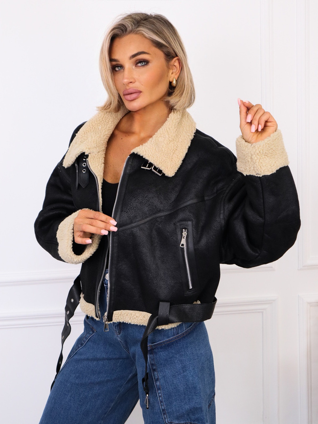 KURTKA ZIMOWA KOŻUSZEK Z PASKIEM NA DOLE- CZARNY