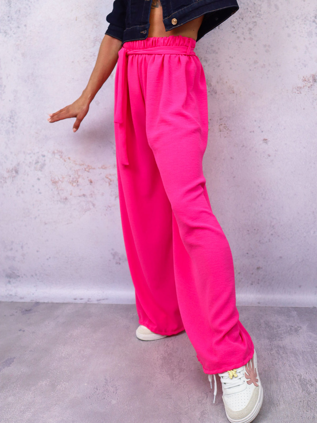 SPODNIE SZEROKIE Z GUMĄ I WIĄZANIEM W PASIE- FUKSJA