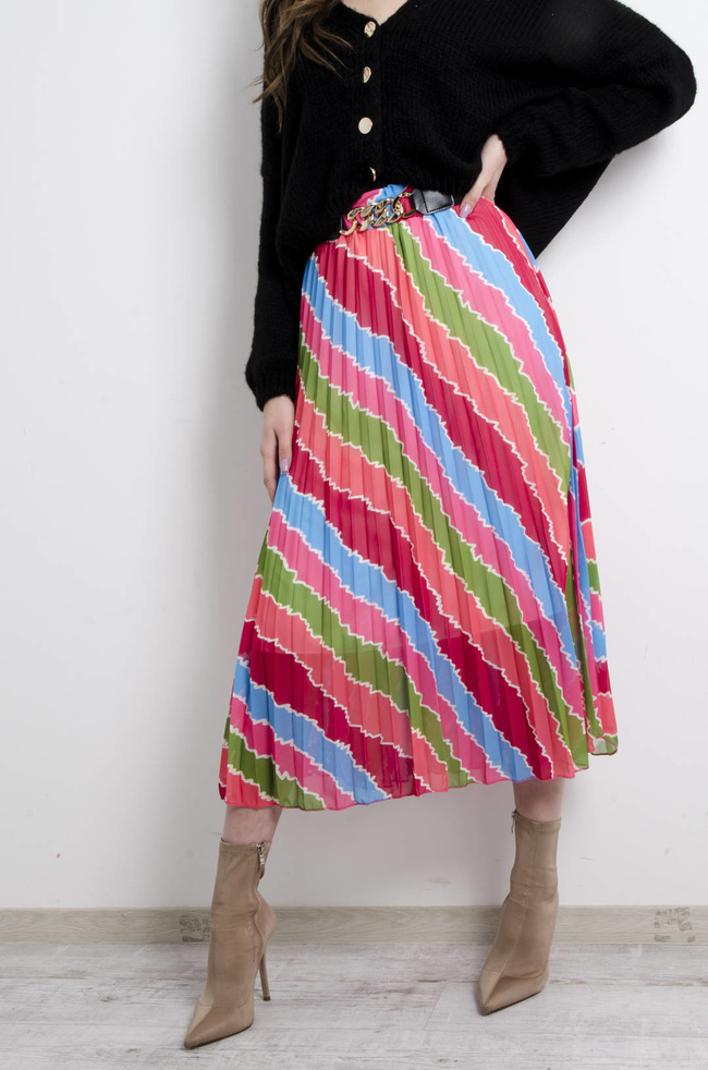 SPÓDNICA WZORZYSTA PLISOWANA Z PASKIEM- CZERWONA