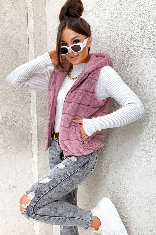 CIEMNO RÓŻOWA FUTRZANA KAMIZELKA - BEZRĘKAWNIK