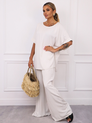 KOMPLET T-SHIRT OVERSIZE+ SPODNIE Z GUMĄ W PASIE- BEŻOWY