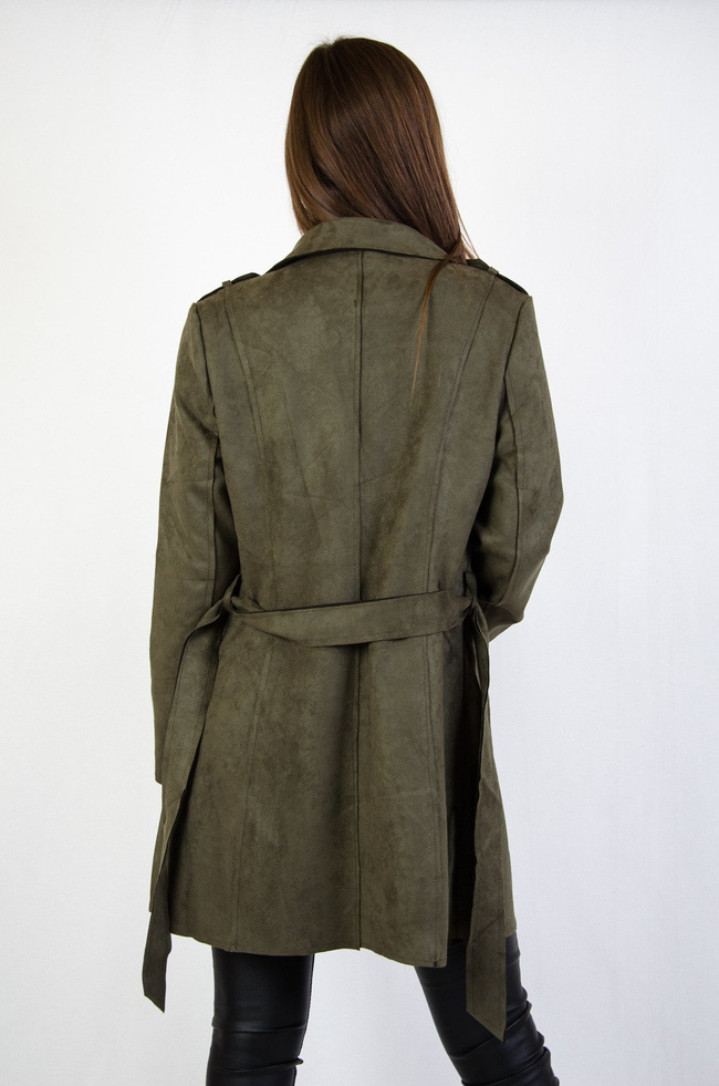 Zielony zamszowy płaszcz zapinany na zamek