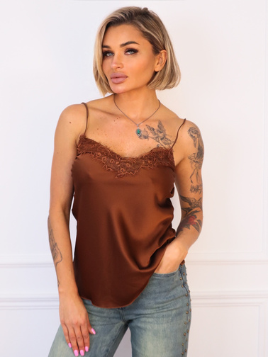 TOP SATYNOWY Z KORONKĄ NA RAMIĄCZKA-CZEKOLADOWY