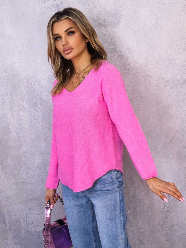 SWETER OVERSIZE Z DEKOLTEM W SEREK- RÓŻOWY