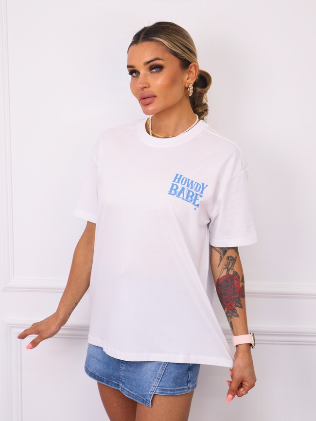 T-SHIRT Z NIEBIESKIM NAPISEM Z PRZODU I NA PLECACH- BIAŁY
