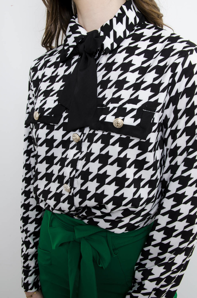 KOSZULA W PEPITKĘ Z WIĄZANIEM- CZARNA