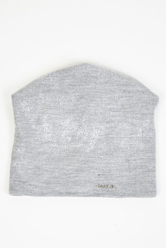 Jasnoszara czapka ze srebrnymi drobinkami i naszywką "JAKOB"