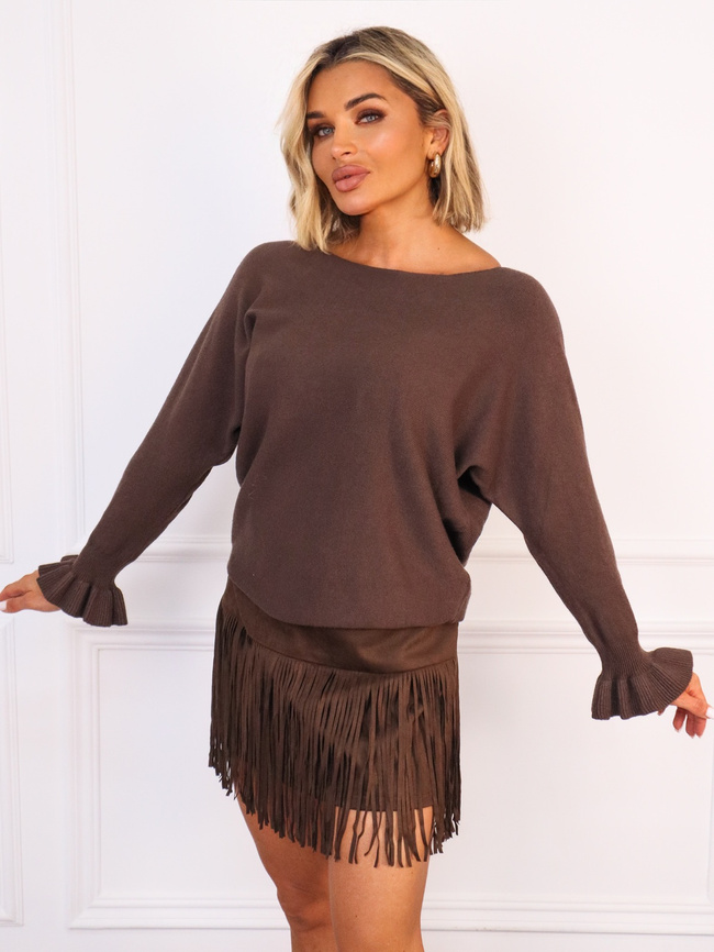 SWETER Z FALBANKAMI PRZY RĘKAWACH- CZEKOLADOWA