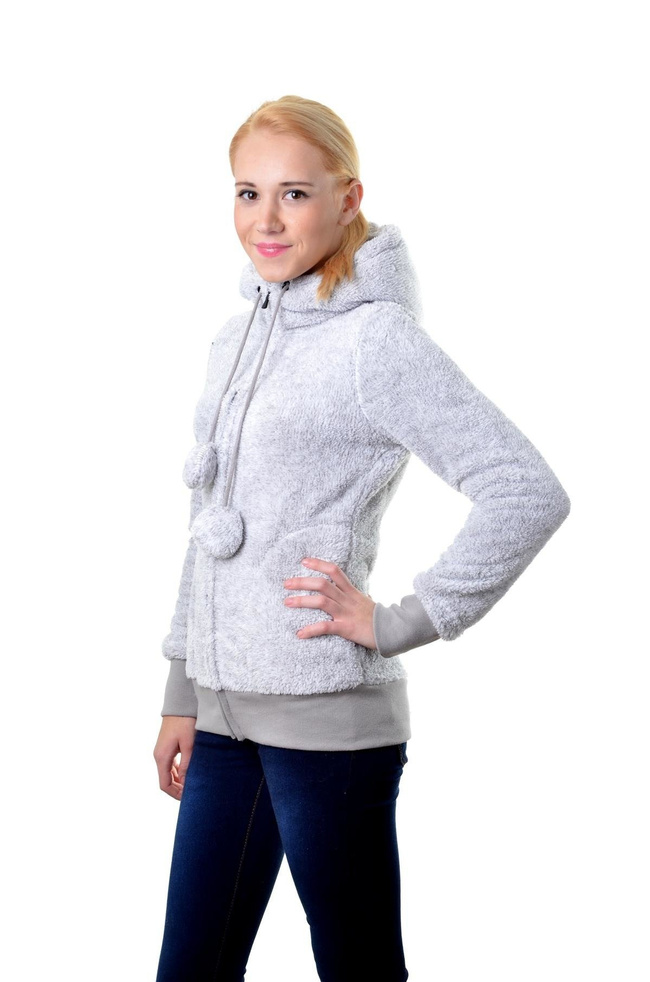 Jasnoszara bluza z kapturem i pomponami