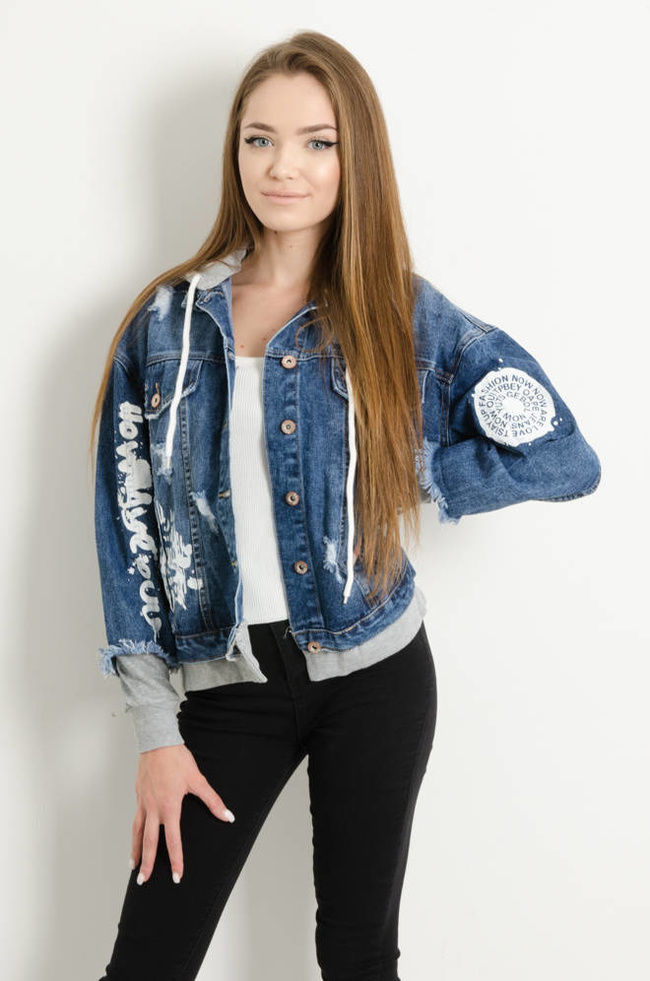 KURTKA JEANSOWA Z DRESOWYM KAPTUREM I ŚCIĄGACZAMI- GRANATOWA