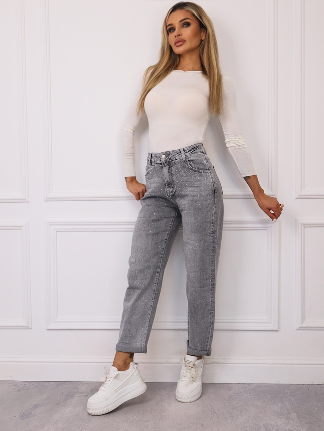 SPODNIE JEANSOWE MOM FIT ZDOBIONE CYRKONIAMI- SZARE