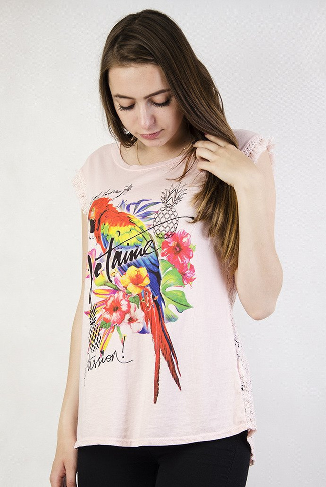 Jasnoróżowa bluzka bez rękawów z kolorowym nadrukiem