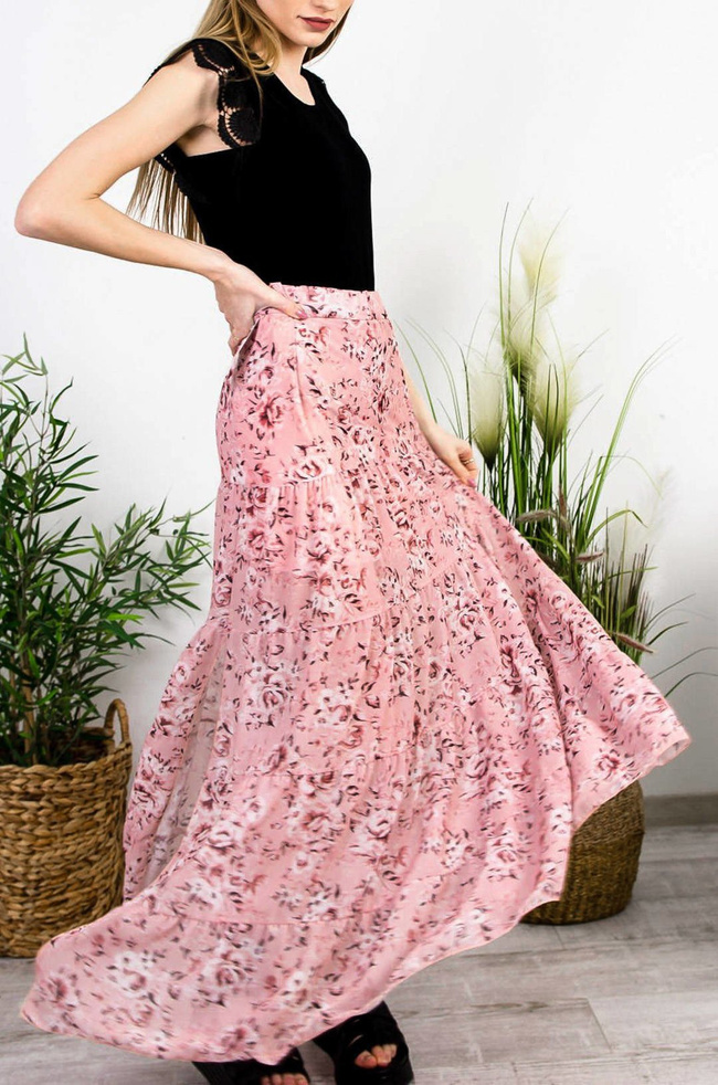 RÓŻOWA SPÓDNICA MAXI W KWIATY Z ROZCIĘCIEM