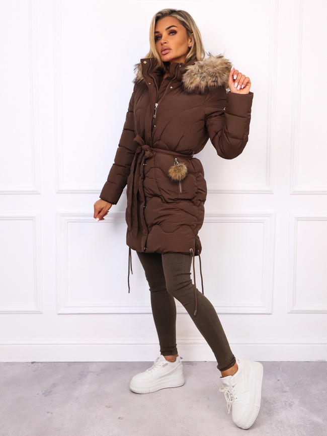 DŁUGA KURTKA PŁASZCZ WIĄZANY W PASIE Z FUTERKIEM- CZEKOLADOWA