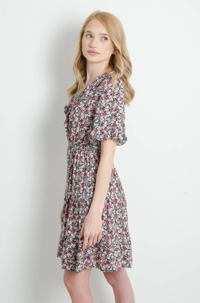 SUKIENKA W KWIATY MINI DEKOLT W SZPIC- CZARNA