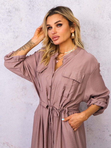 SUKIENKA WIĄZANA W PASIE Z KIESZENIAMI Z PRZODU- BRĄZOWA