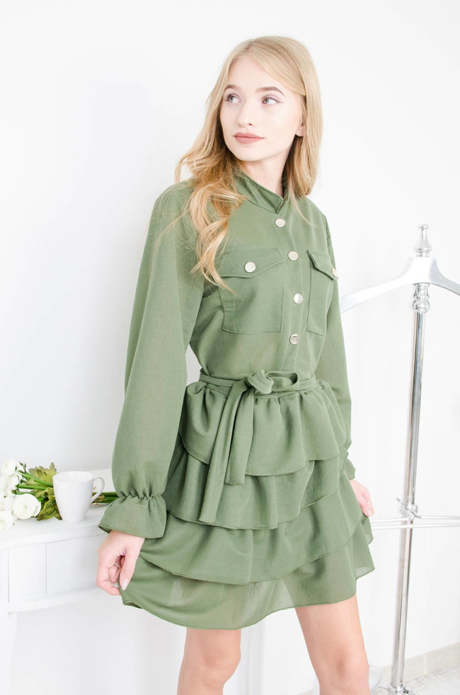 ZIELONA SUKIENKA KOSZULOWA Z FALBANAMI
