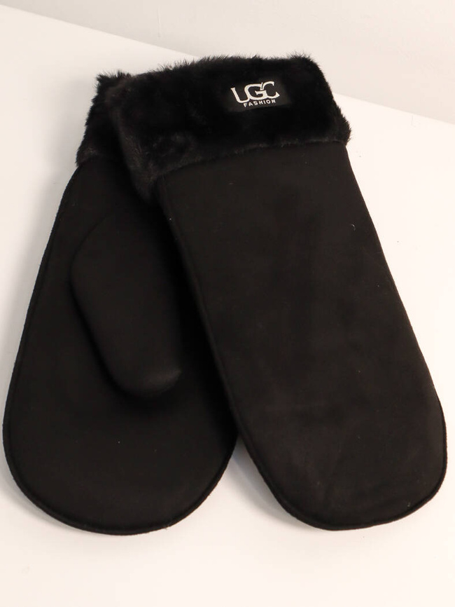 RĘKAWICZKI ZAMSZOWE Z FUTRZANYM ŚCIAGACZEM Z JEDNYM PALCEM Z LOGIEM LGC- CZARNE