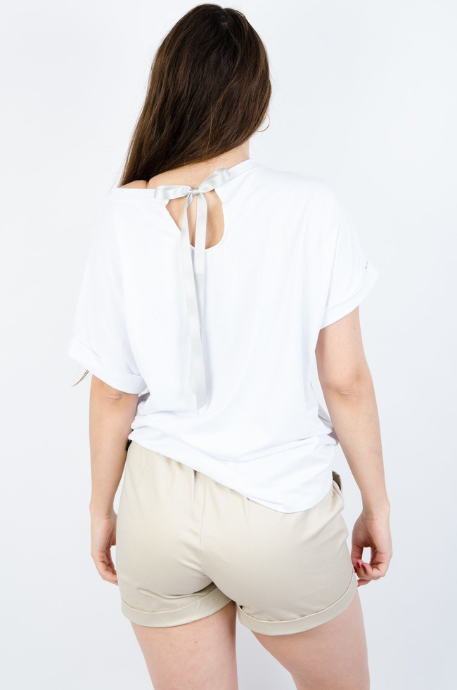 BIAŁY BAWEŁNIANY T-SHIRT ZE ZŁOTYM NADRUKIEM ORAZ WIĄZANIEM NA PLECACH