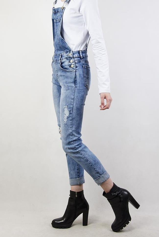 Spodnie jeansowe ogrodniczki, z przetarciami