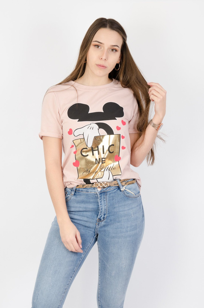 JASNO-RÓŻOWY T-SHIRT Z NADRUKIEM
