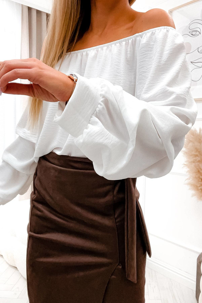 BIAŁA BLUZKA HISZPANKA Z MARSZCZONYMI RĘKAWAMI I NASZYJNIKIEM