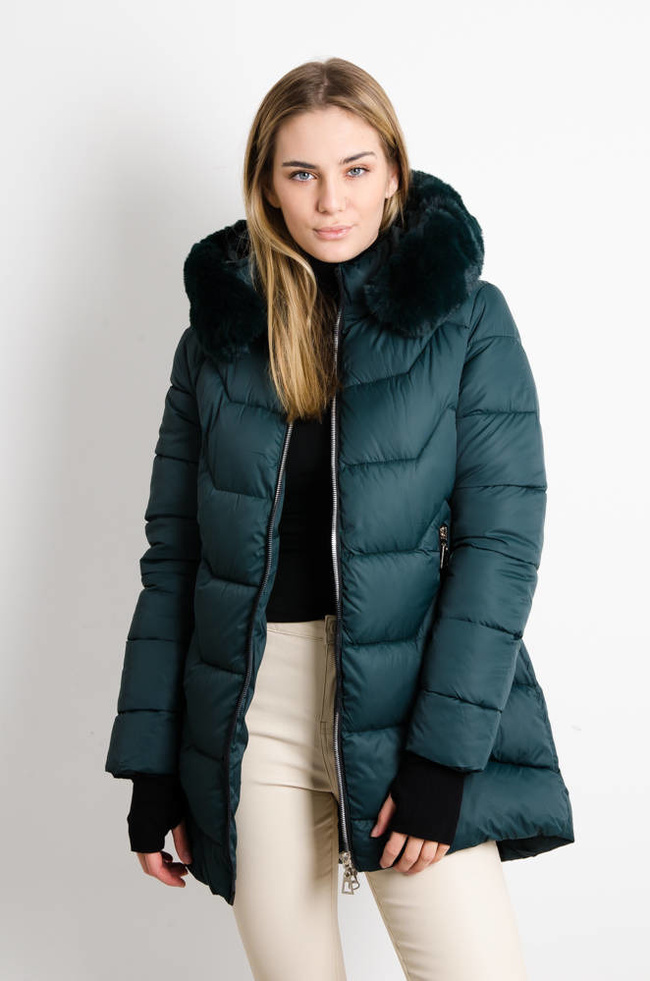 ZIELONA MATOWA KURTKA Z FUTERKIEM PRZY KAPTURZE 