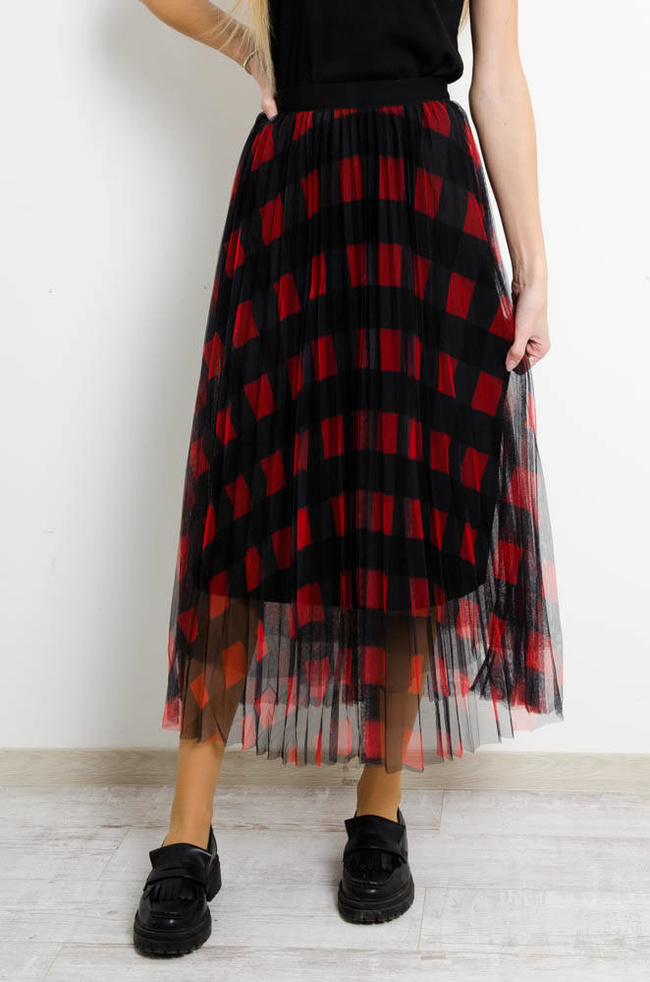 CZERWONA SPÓDNICA TIULOWA W KRATĘ