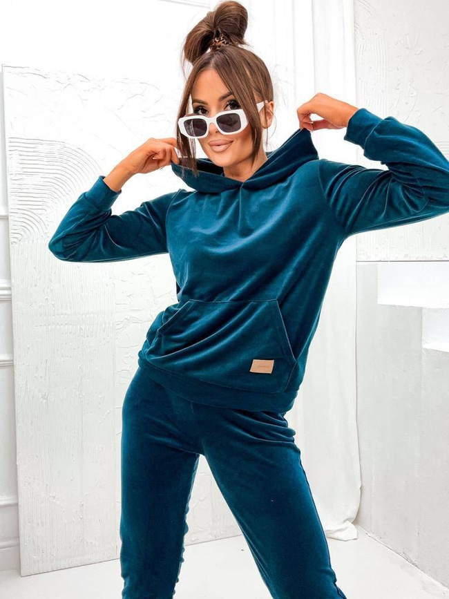 WELUROWY KOMPLET DRESOWY SPODNIE+ BLUZA Z KAPTUREM- MORSKI